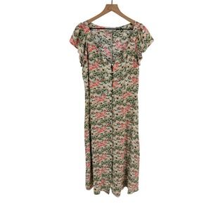 LOFT Floral Midi Dress Size 10 Green Pink Spring Garden Feminine Tea Dress